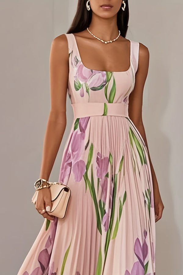 Graceful Bloom Pleated Midi Dress