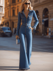 Denim Belted Jumpsuit With Flared Legs