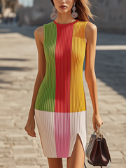 24-Hour-Shipping Colorful Block Stitching Sleeveless Midi Knit Dress