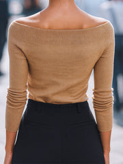 Camel Off-Shoulder Knit Top With Slim Long Sleeves
