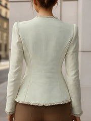 Elegant Cream Textured Blazer With Decorative Trim