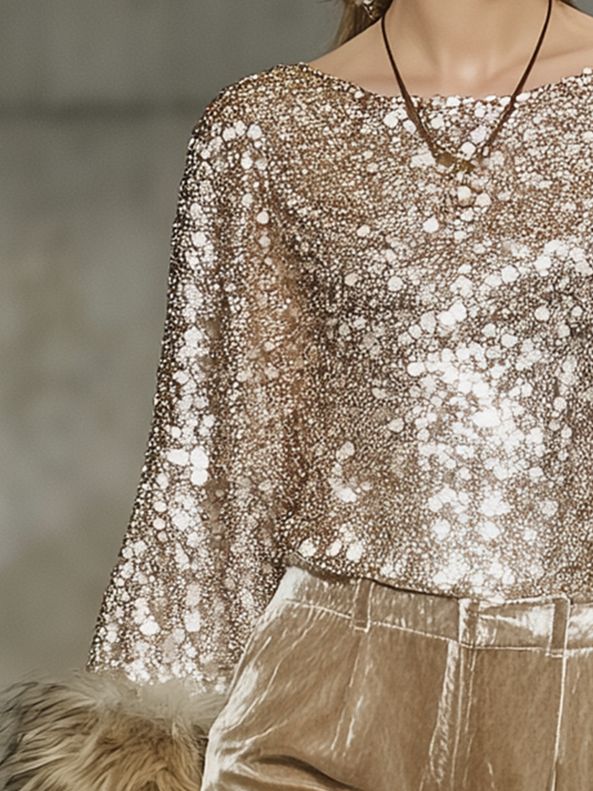 Golden Sequin Chiffon Shirt With Faux Fur Cuff Detail