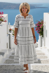 Striped Tiered Midi Dress With Short Sleeves