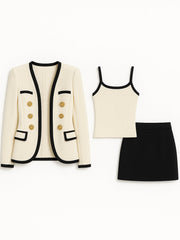 Three-Piece Set Contrast Trim Gold-Button Blazer Suit Set