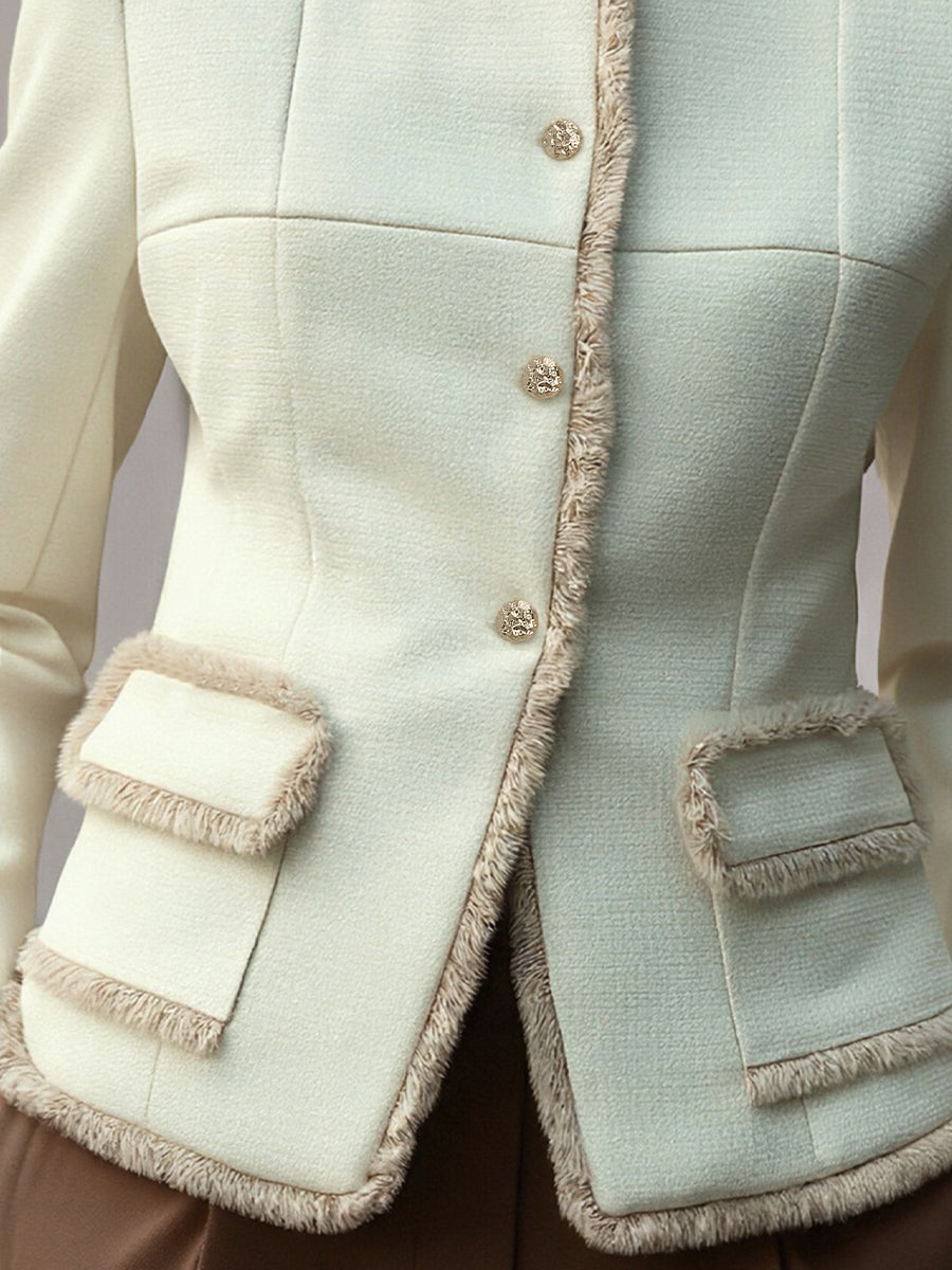 Elegant Cream Textured Blazer With Decorative Trim