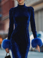 Glamorous Royal Blue Velvet Dress With Feather Trims