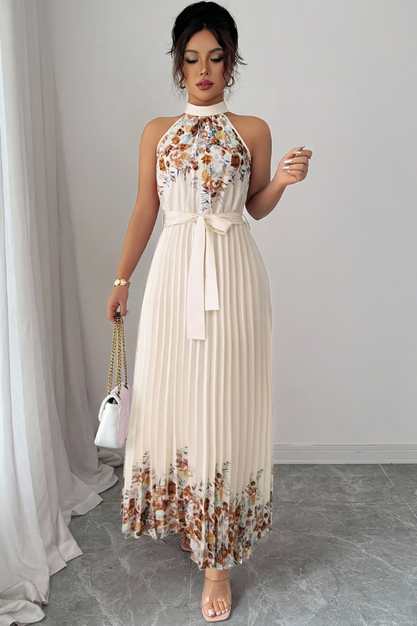Floral Pleated Square Neck Midi Dresses