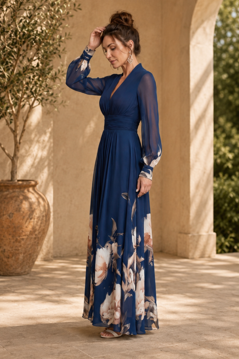 Sheer Sleeve Pleated Maxi Dress