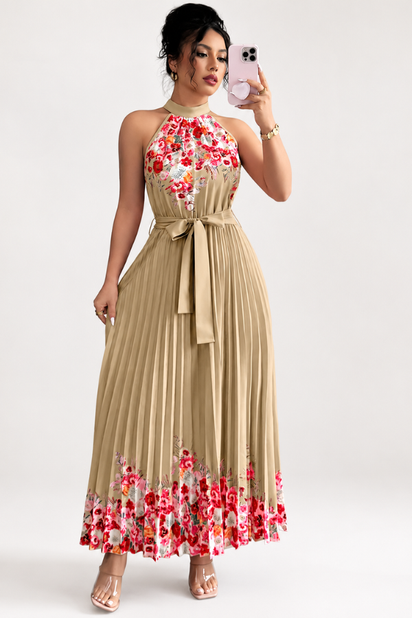 Floral Pleated Square Neck Midi Dresses