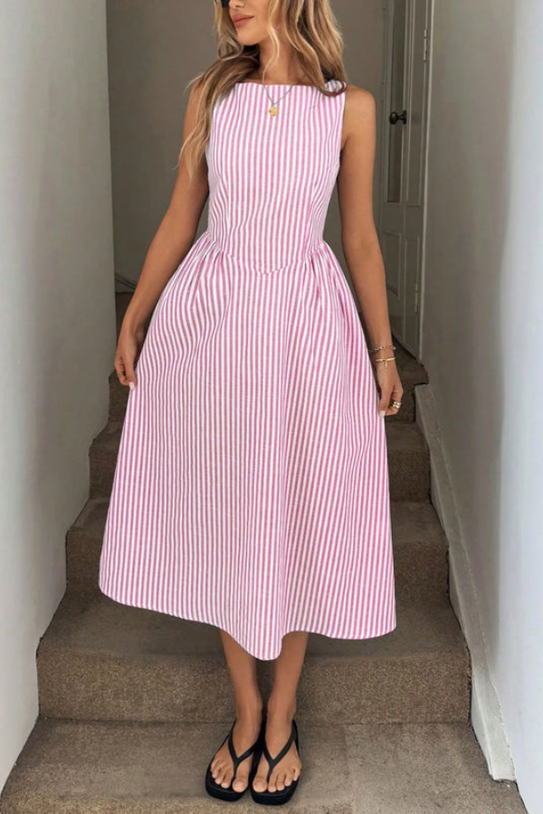 Striped Pleated Halter Neck Midi Dresses
