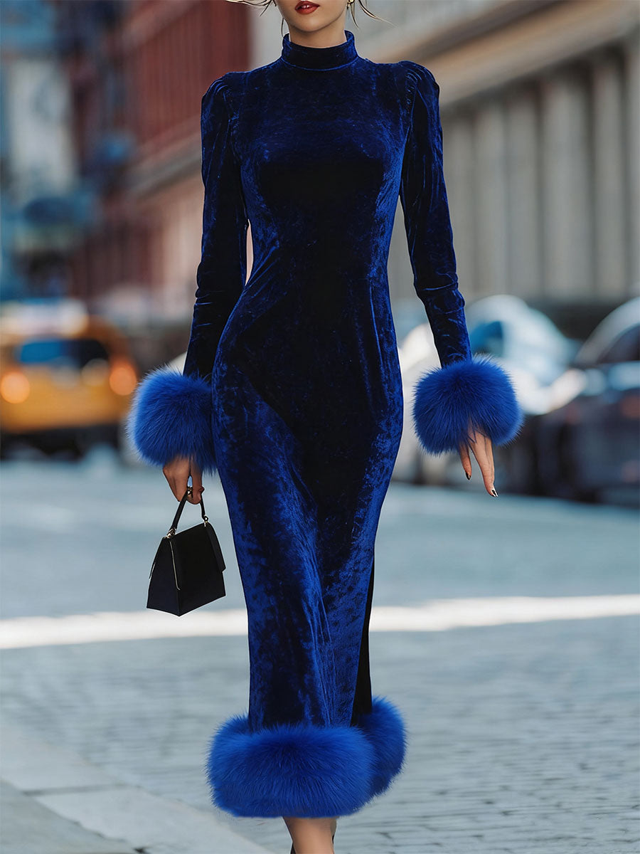 Glamorous Royal Blue Velvet Dress With Feather Trims