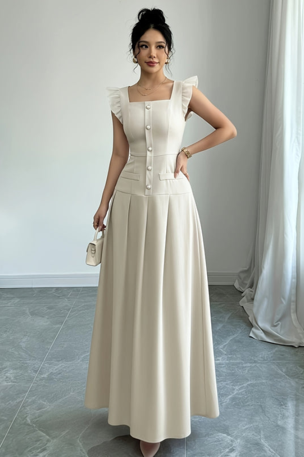 Romantic Pleated Square Neck Midi Dresses