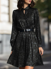 Belted Leopard-Pattern Satin Shirt Dress
