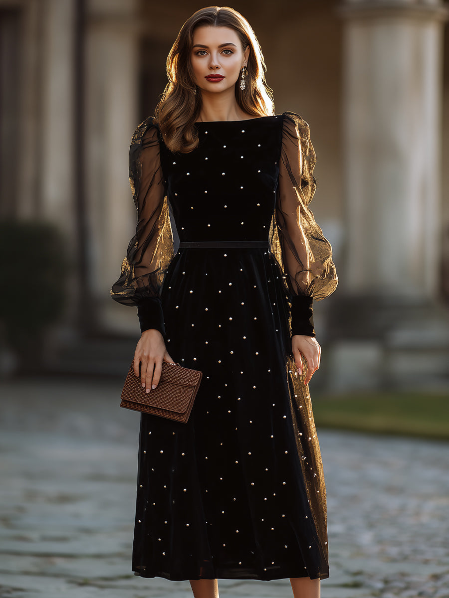 Embellished Sheer-Sleeve A-Line Midi Dress