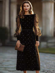 Embellished Sheer-Sleeve A-Line Midi Dress