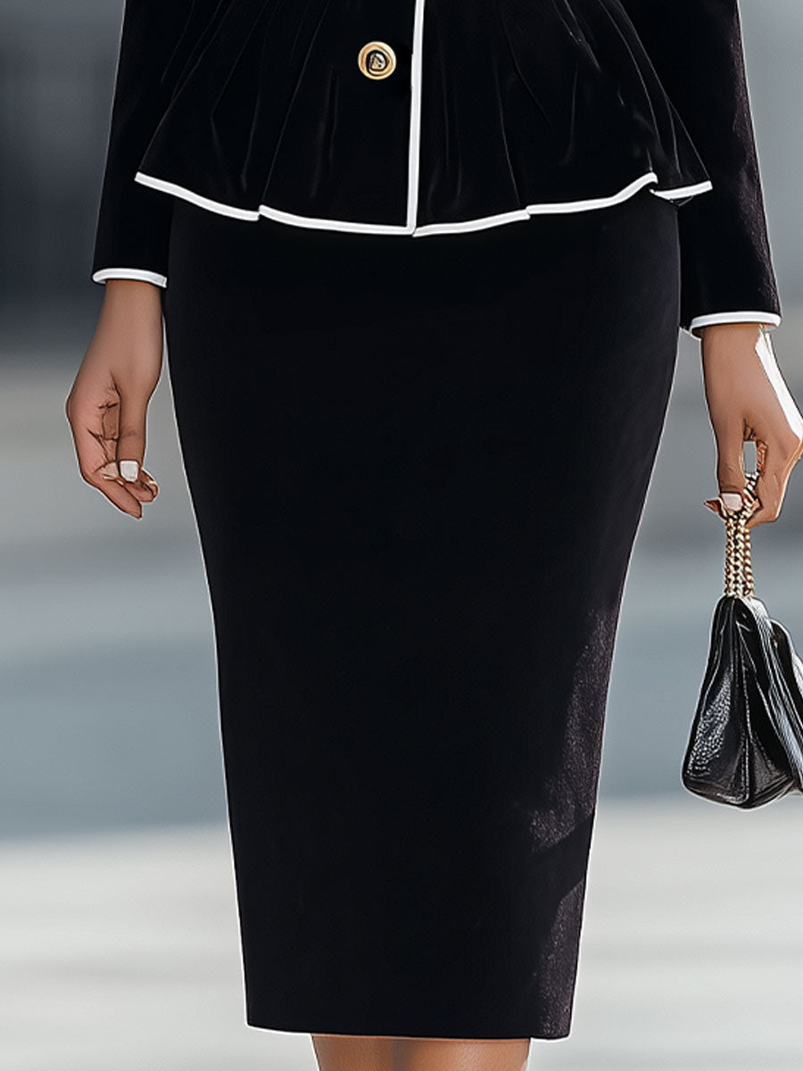 Black Velvet Contrast Trim Peplum Jacket & Pencil Skirt Set