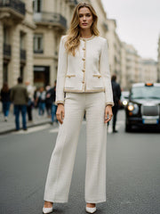 Ivory Tweed Wide-Leg Suit Set With Gold Trim