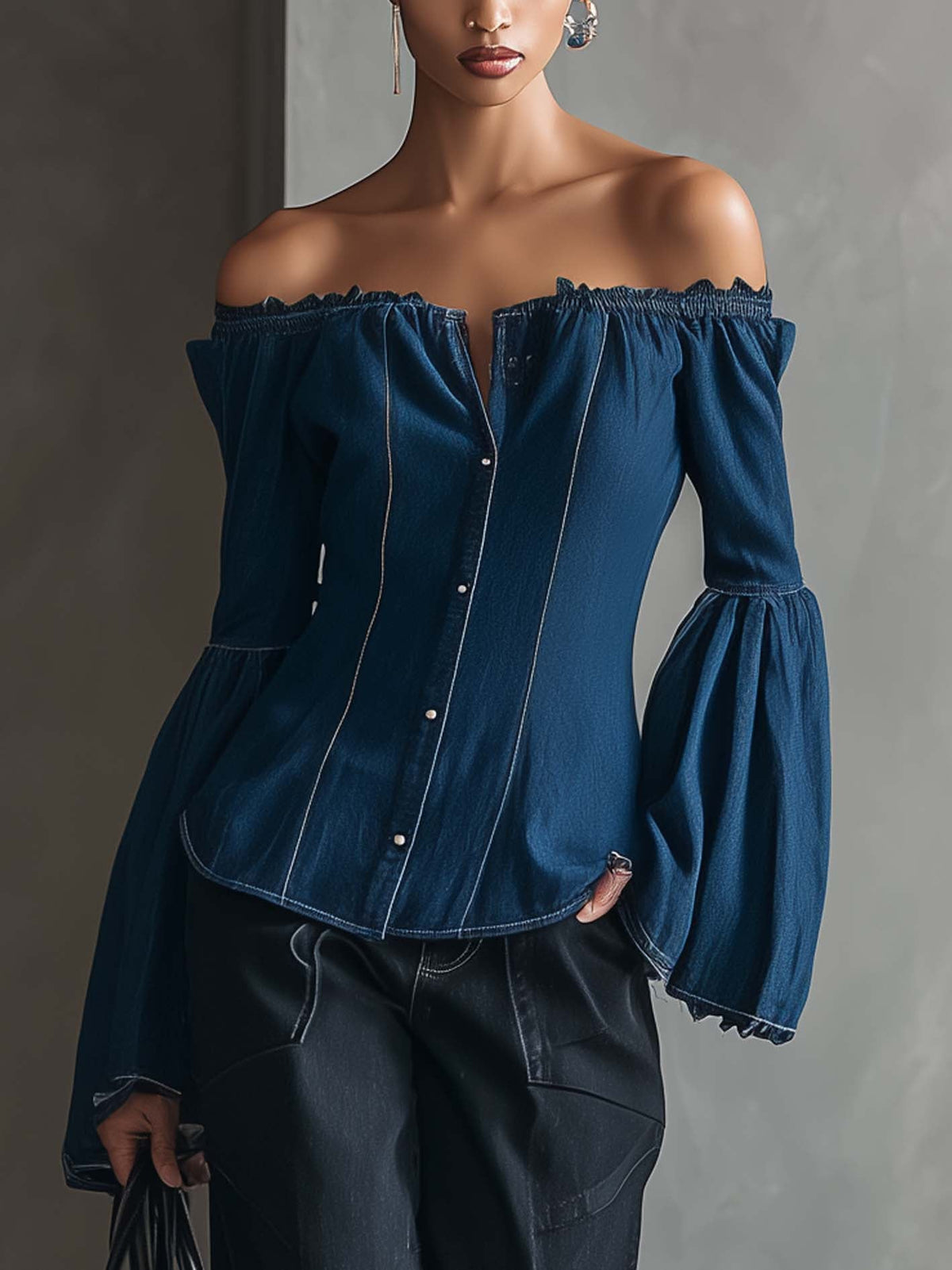 Off Shoulder Denim Patchwork Blouse