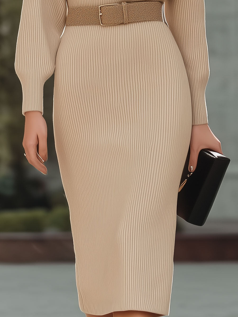 Timeless Knit Elegance: One-Shoulder Beige Midi Dress