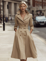 Beige Double-Breasted Belted Trench Coat Dress With Gold Buttons