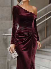 Burgundy Velvet One-Shoulder Evening Gown