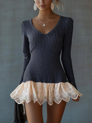 Black Chic Knit And Lace Contrast Dress