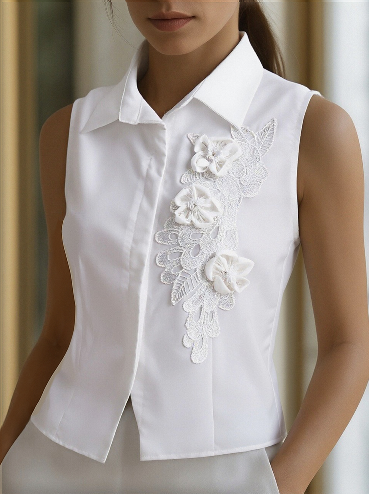 Sleeveless Shirt with 3D Floral Appliqué