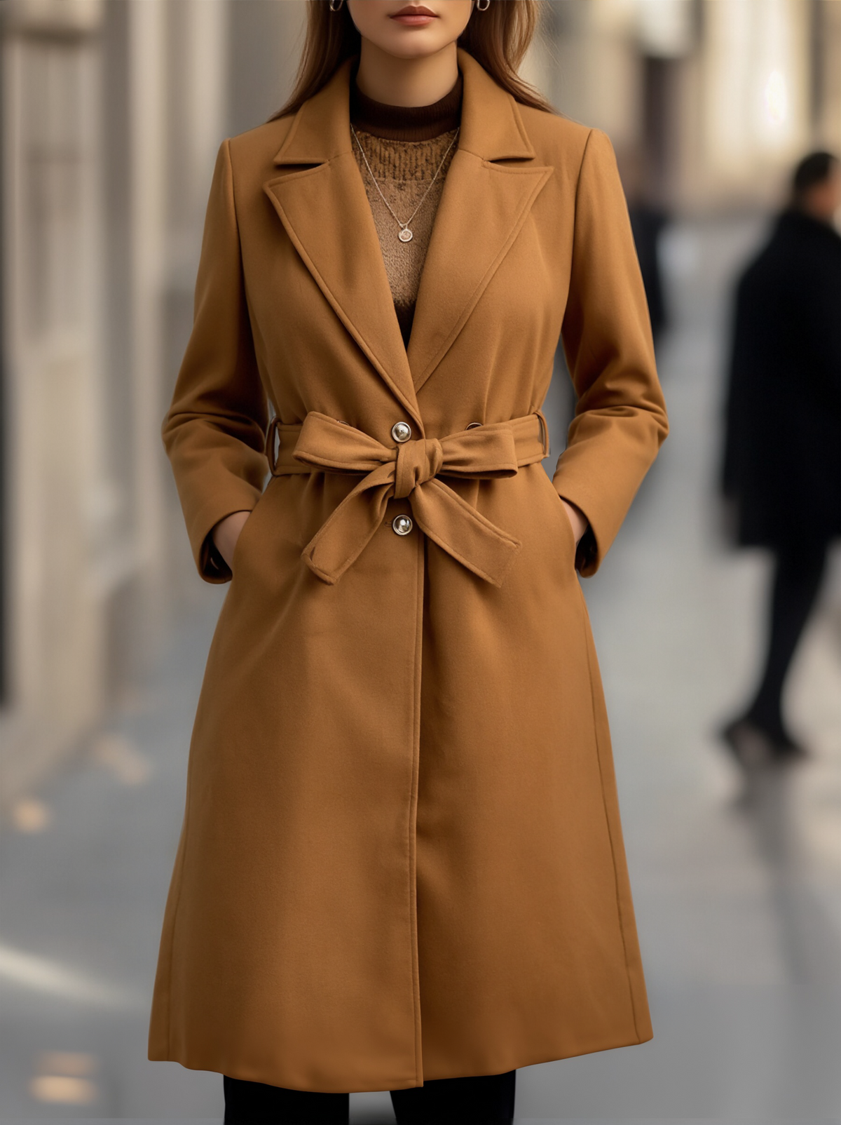 Classic Camel Wool Trench Coat with Belted Silhouette