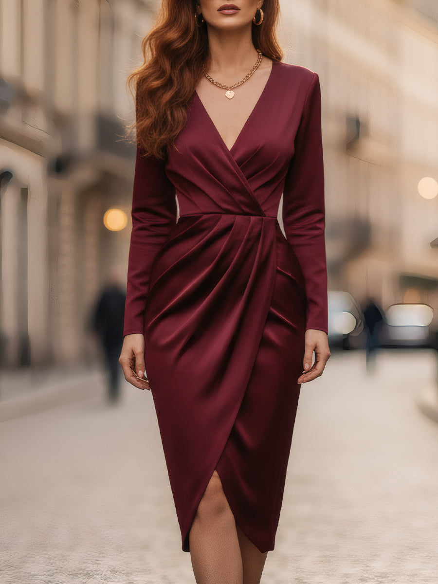 Burgundy Satin Wrap Midi Dress
