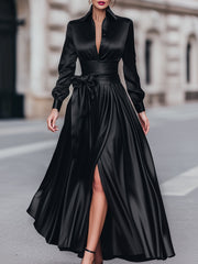 Satin Shirt Maxi Dress With Bow Waist