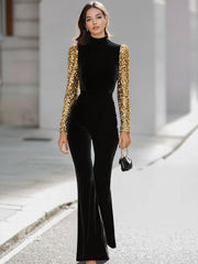 Elegant Black Velvet Jumpsuit With Gold Sequin Sleeves And Flared Legs