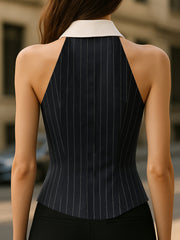 Pinstripe Top With Contrast Collar And Button Front