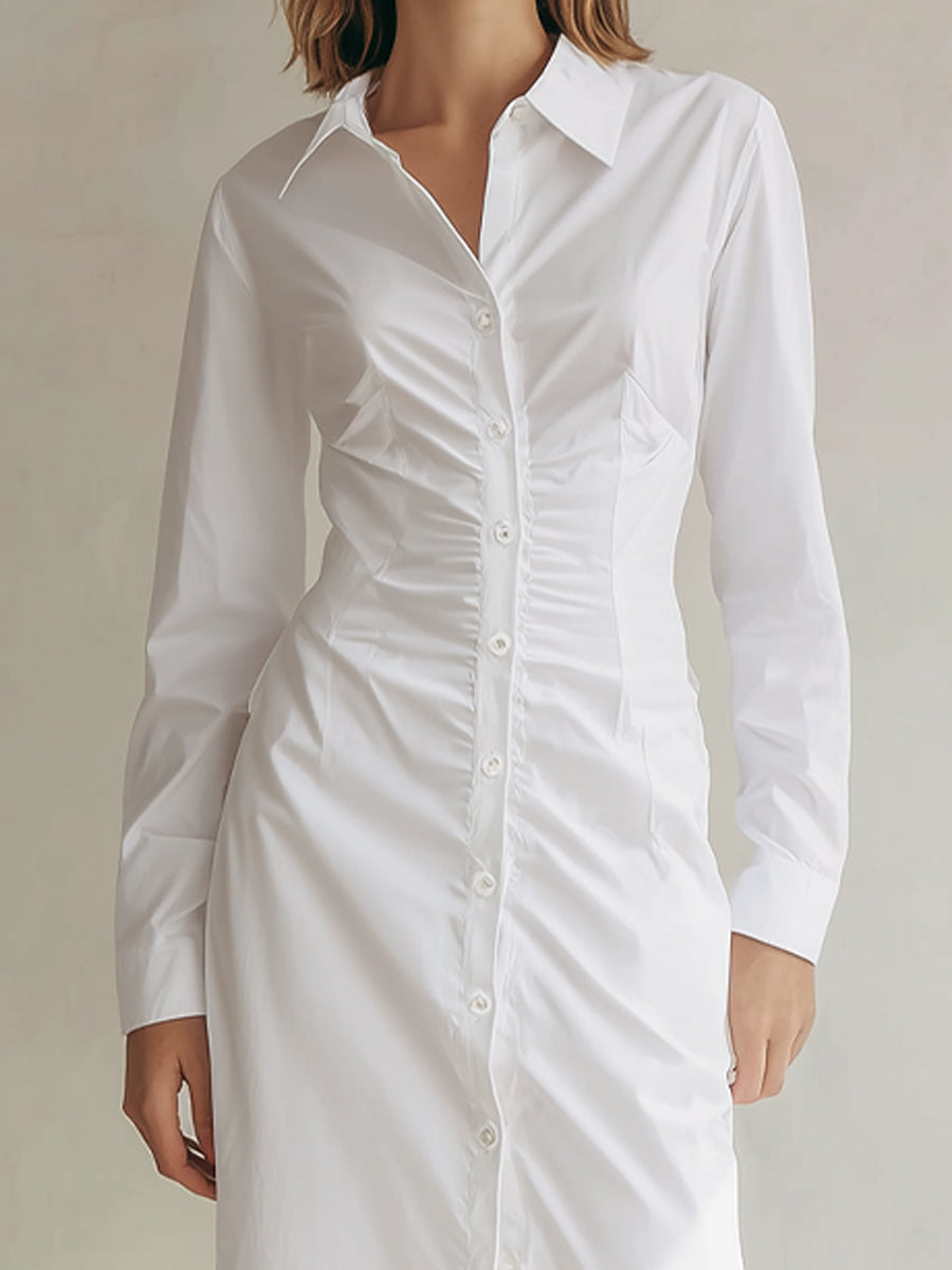 Elegant White Ruched Midi Shirt Dress