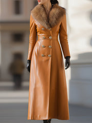 Caramel Leather Double-Breasted Coat With Fur Collar