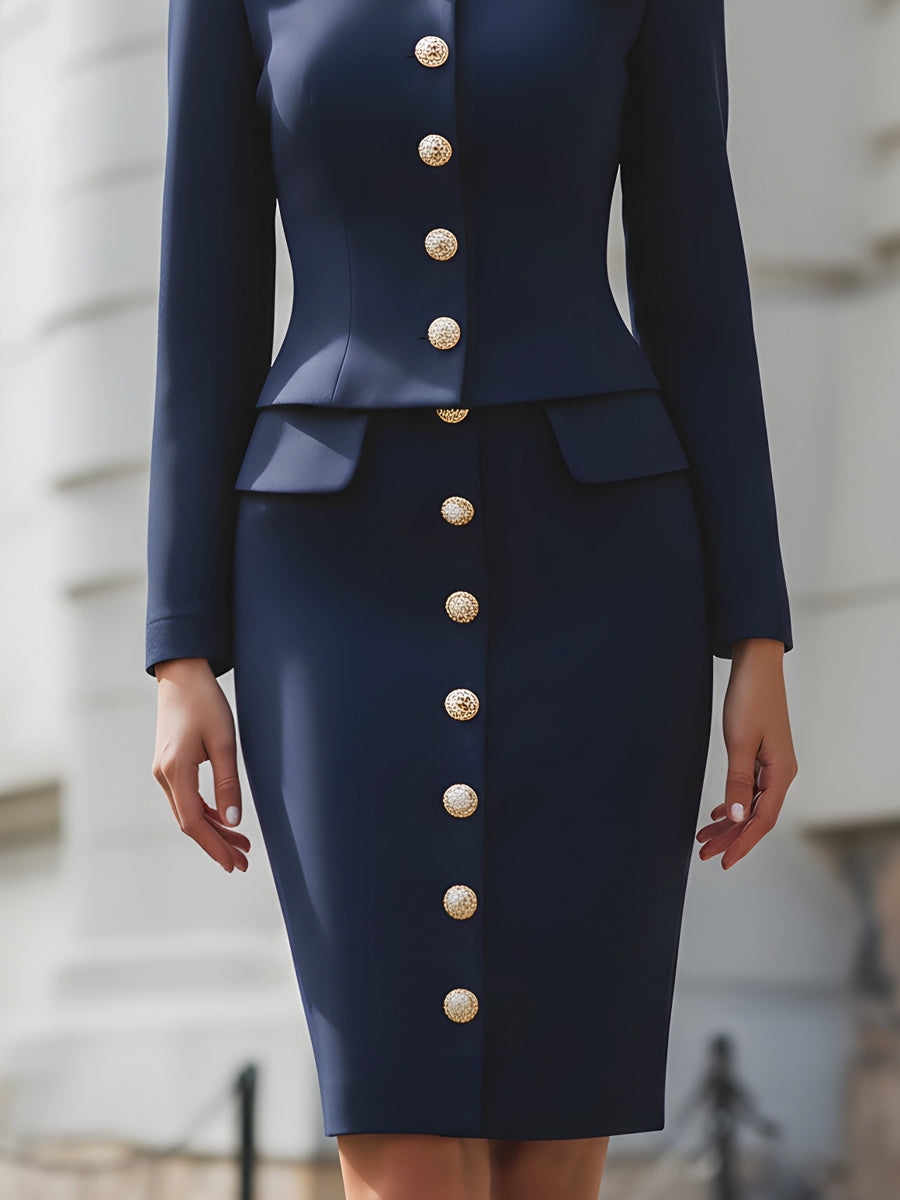 Structured Button-Front Blazer And Tailored Skirt Set