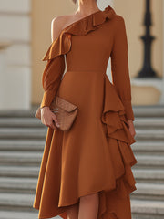 Asymmetrical Ruffle Detail One-Shoulder Midi Dress