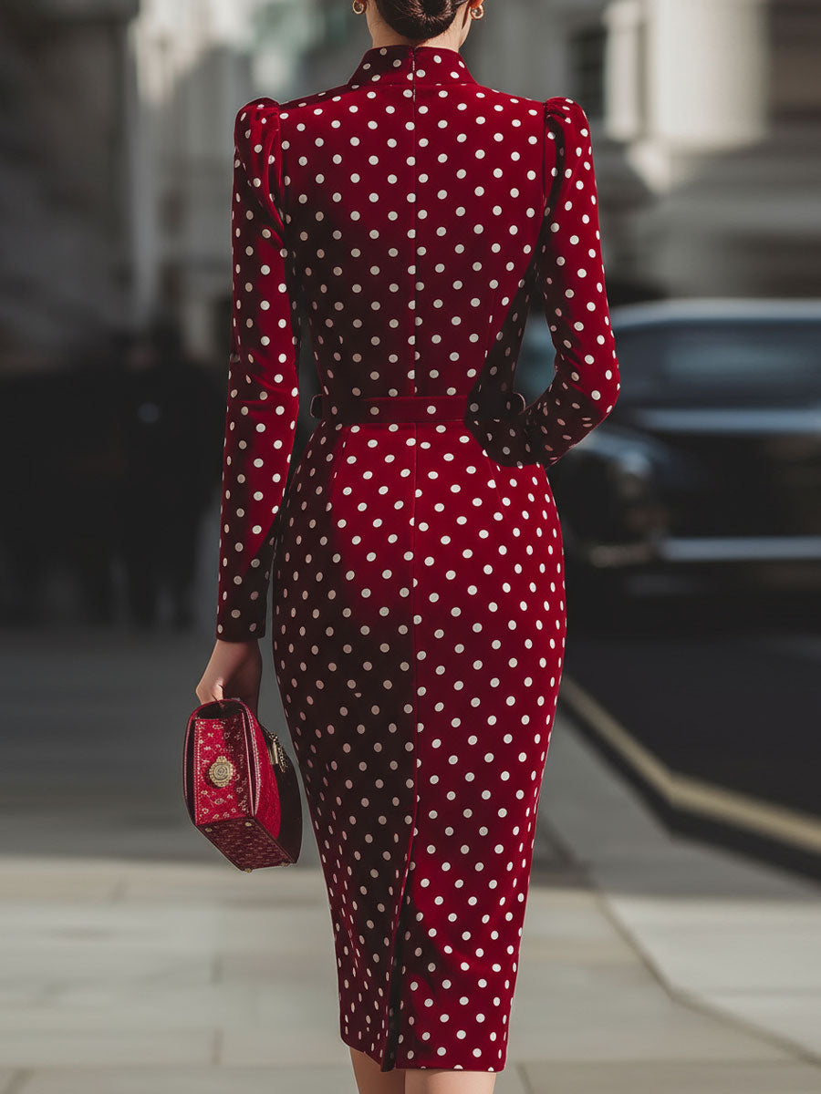 Vintage-Inspired Red Polka Dot Velvet Midi Dress