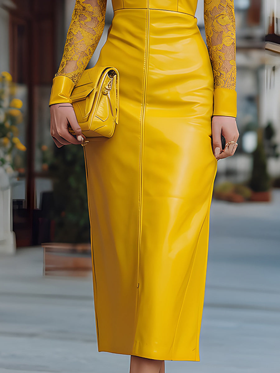 Elegant Faux Leather Midi Dress With Lace Sleeves