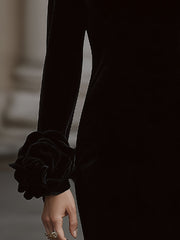 Elegant Velvet Mini Dress With Embellished Neckline And Floral Cuff Detail