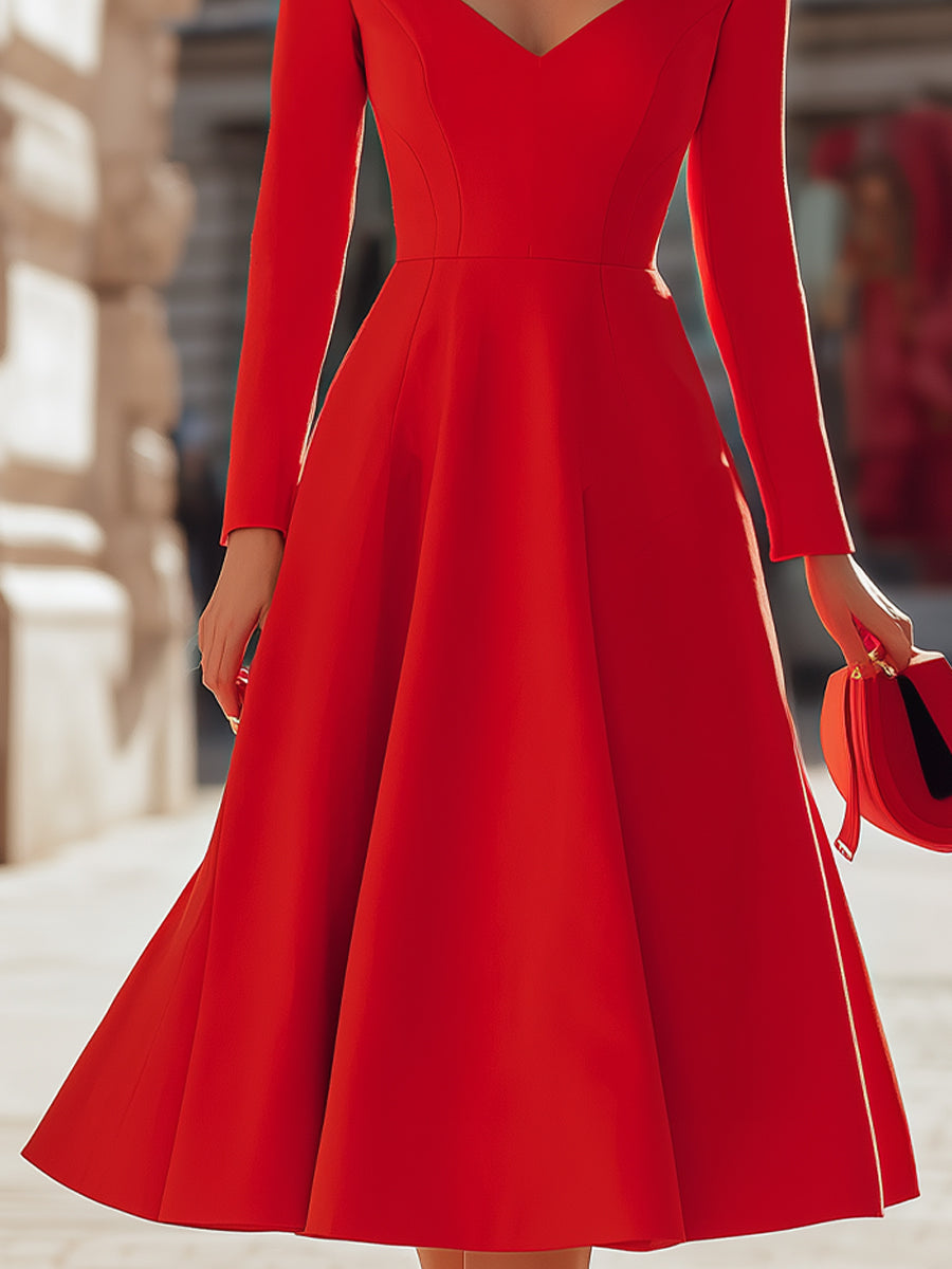 Elegant Red V - Neck Midi Fit - And - Flare Dress