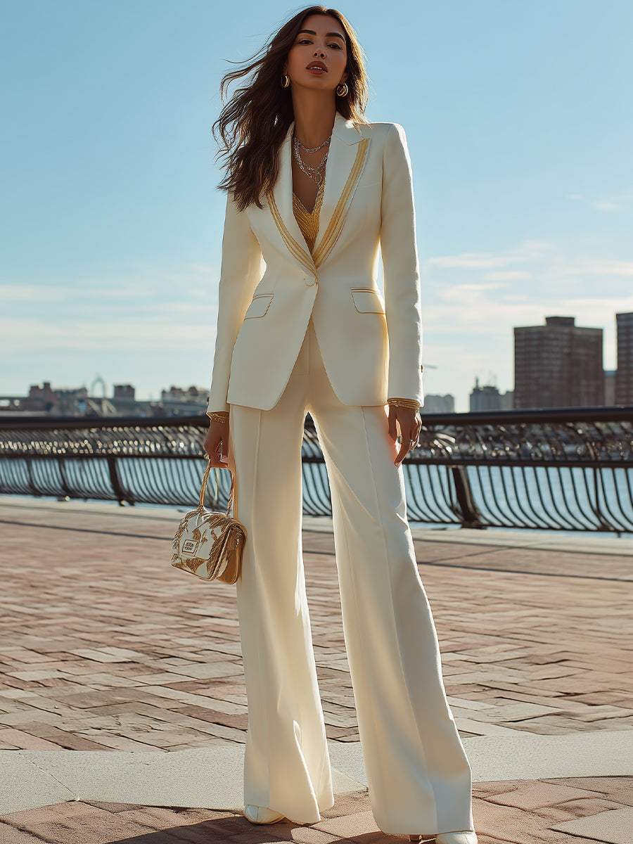 Tailored Embellished Lapel Blazer And Wide-Leg Trouser Suit