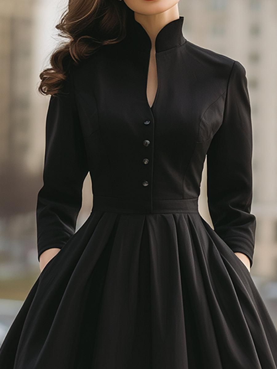 Elegant Band Collar Buttoned Midi Dress