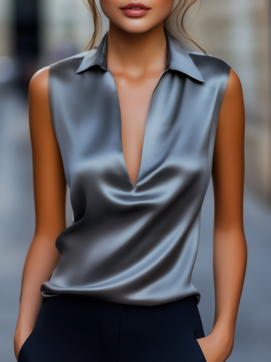 Sleek Gray Satin Plunge Neck Top