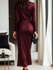 Timeless Burgundy Satin Wrap Dress with Waist Tie Detail