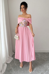 Embroidered One Shoulder Pleated Midi Dresses