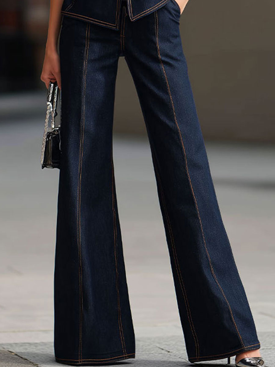 Elegant Dark Denim Contrast-Stitch Suit Set With Flared Trousers