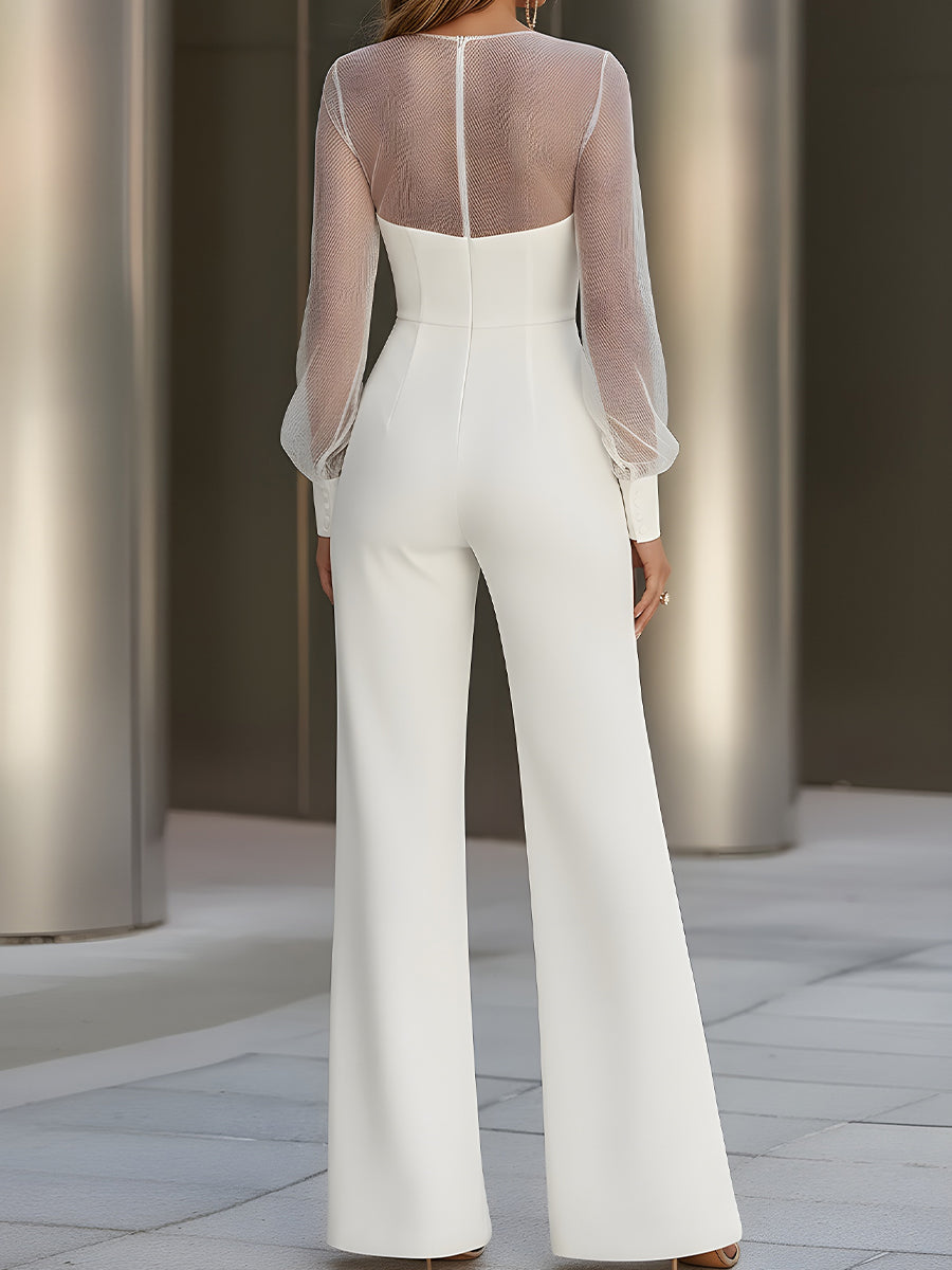 White Mesh-Sleeve Tailored Jumpsuit