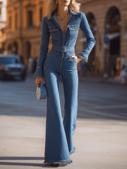 Denim Belted Jumpsuit With Flared Legs