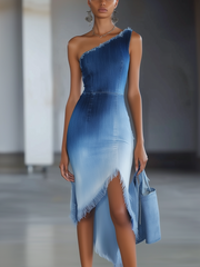 24-Hour-Shipping One Shoulder With Irregular Bottom Denim Midi Dress