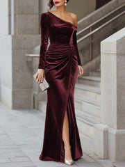 Burgundy Velvet One-Shoulder Evening Gown